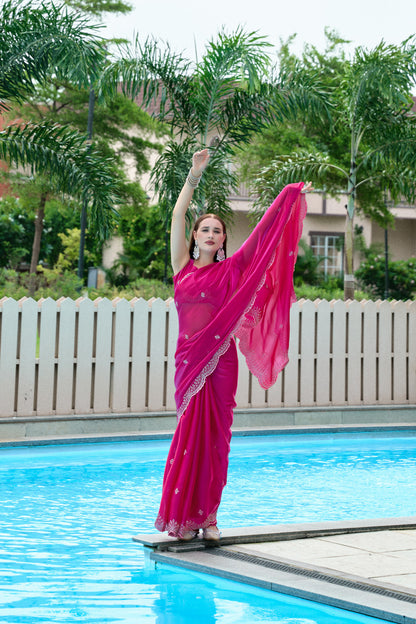 Pink Fancy Shimmer Chiffon Saree With Embroidery Work