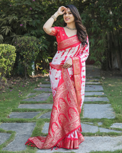 Red Color Dola Silk Saree With Shibori Printed Work