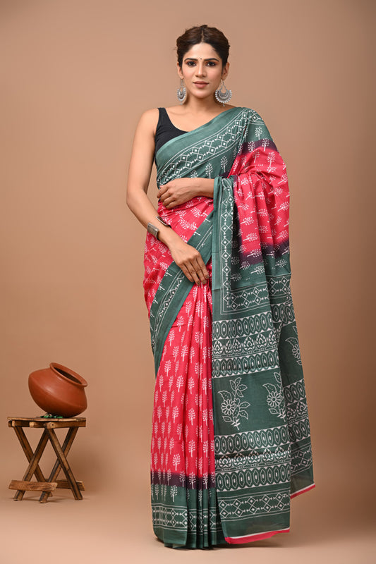Multi Pure Mulmul Cotton Saree With Bagru Hand Block Printed Work