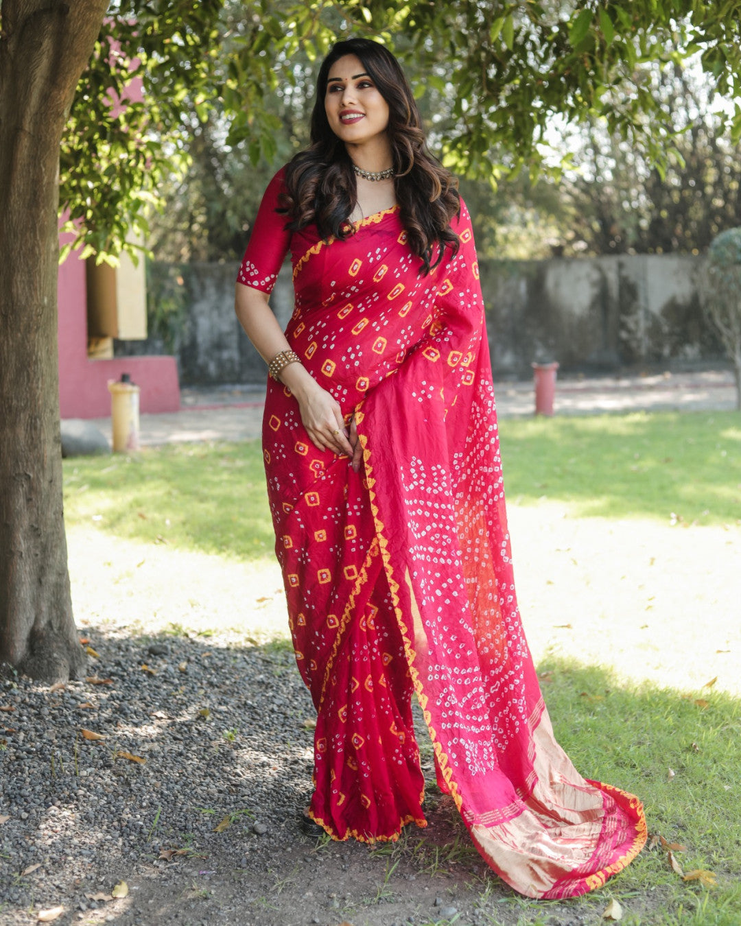 Pink Color Bandhej Silk Saree With Printed Work