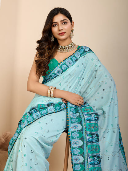 Sky Blue Fancy Muslin Cotton Saree With Digital Printed Work