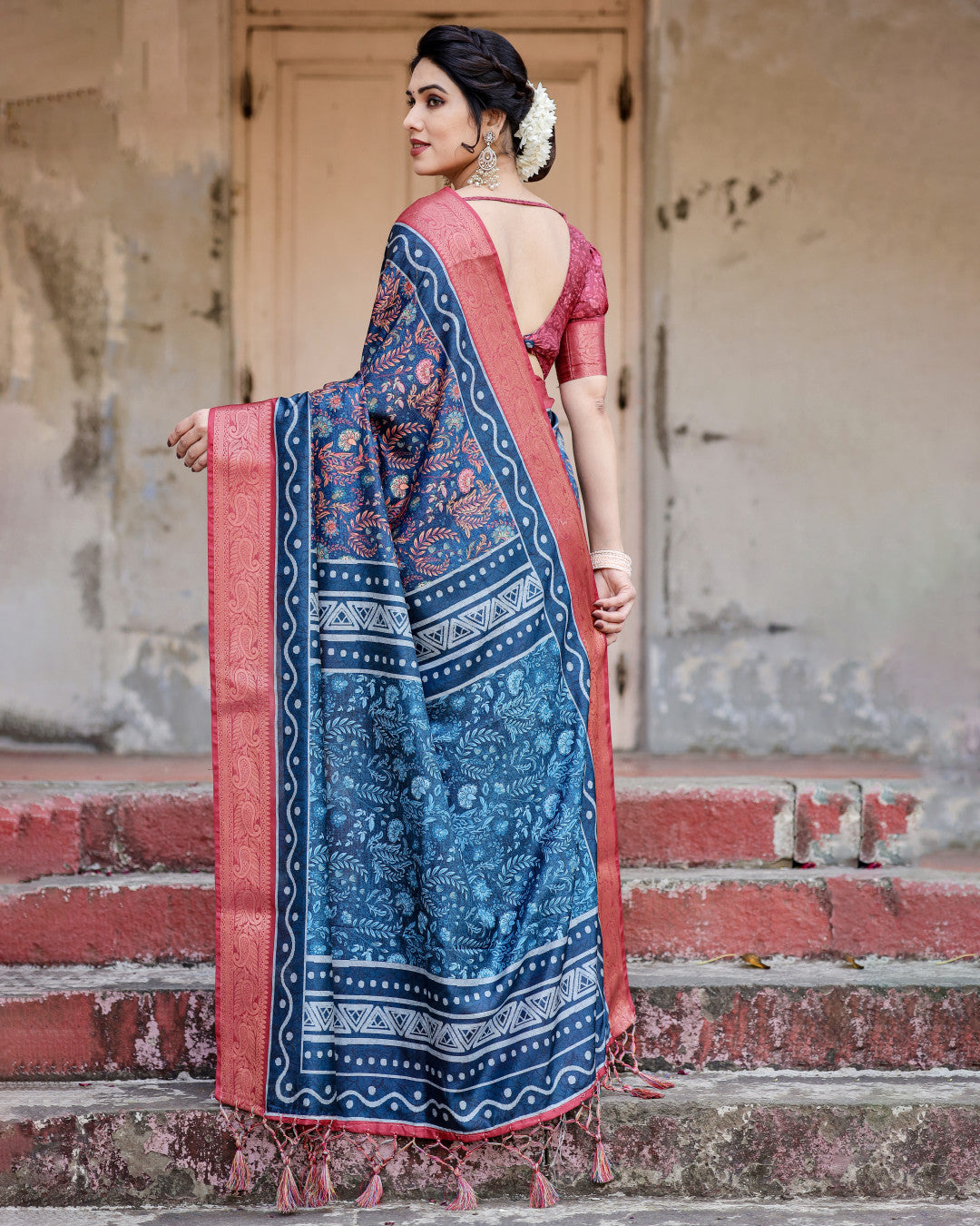 Navy Blue Digital Kalamkari Printed Tussar Silk Saree With Zari Motif Border