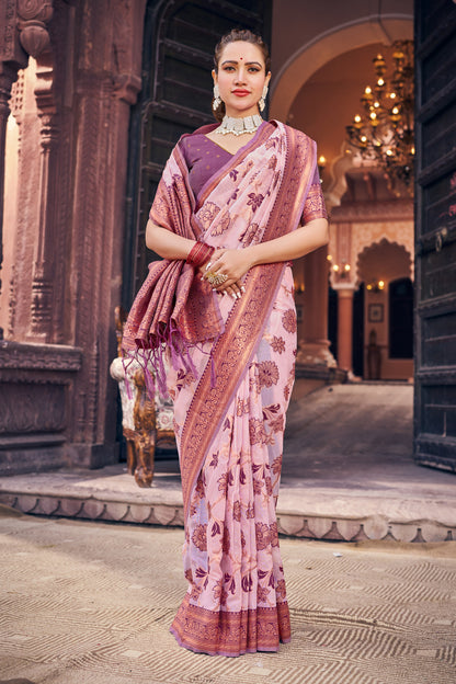 Pink Color Soft Organza Silk Saree With Zari Weaving Work