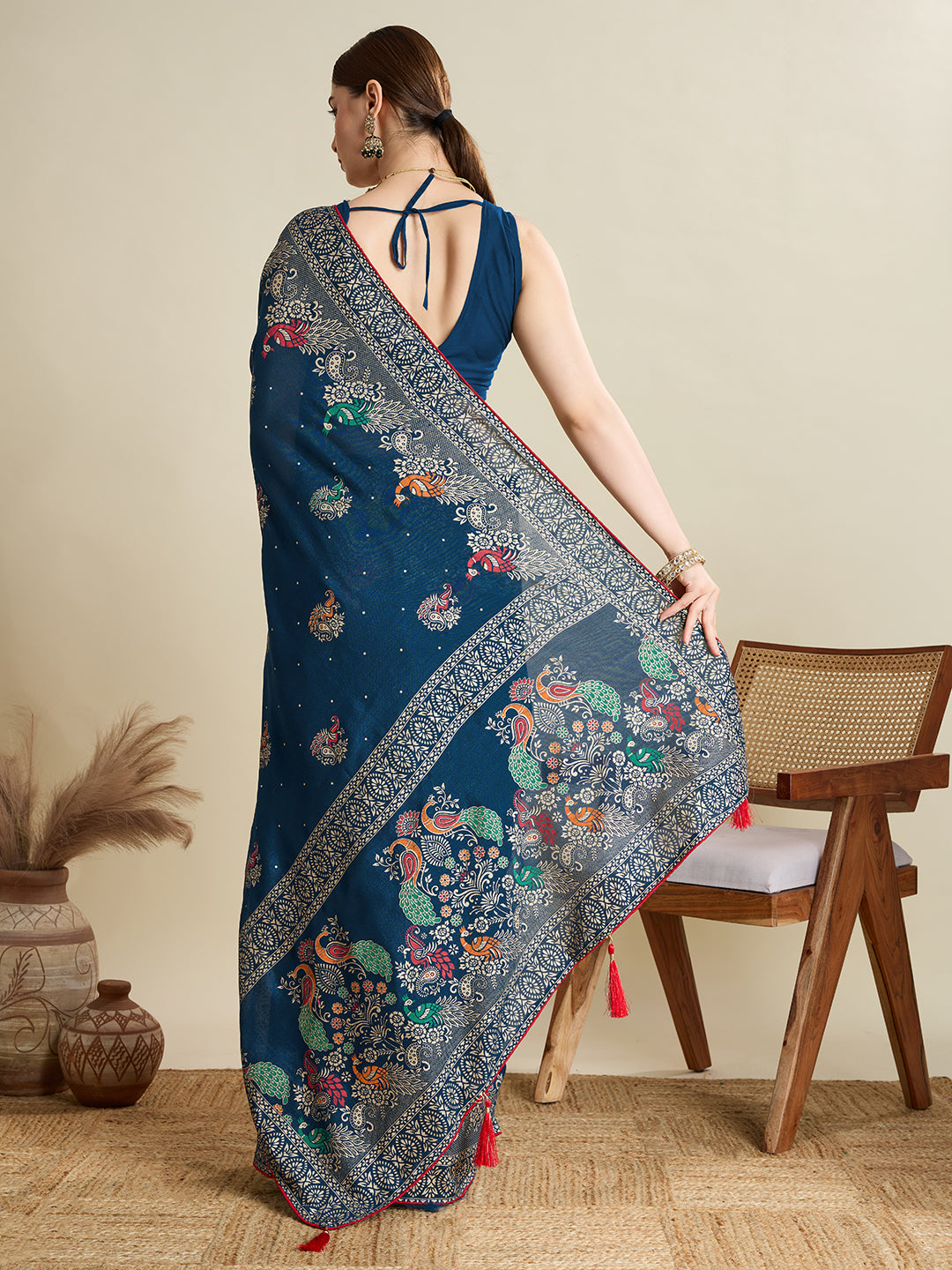 Navy Blue Cotton Saree With Table Printed And Foil Work With Pipeing Border