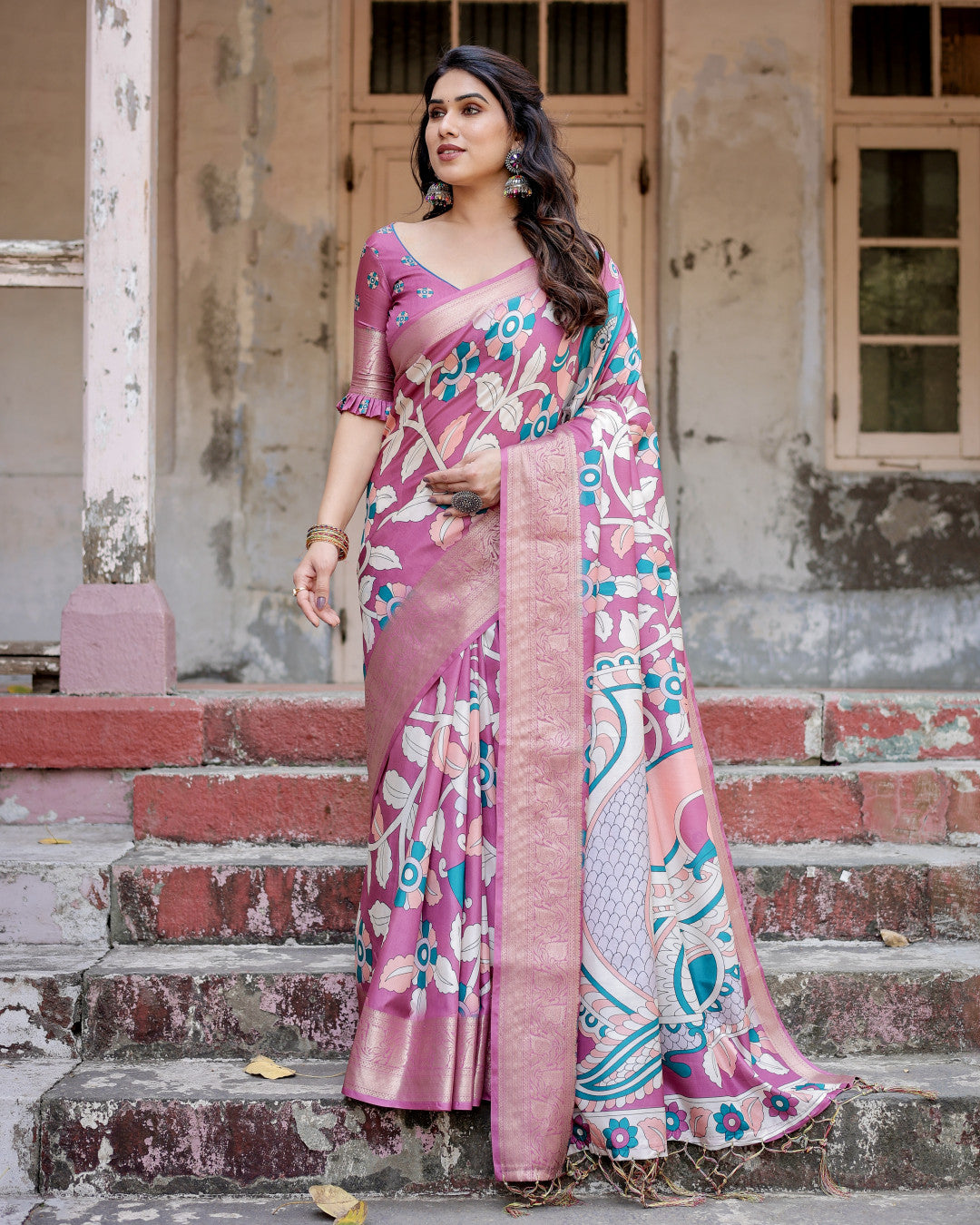 Light Magenta Kalamkari Digital Printed Tussar Silk Saree With Zari Motif Border