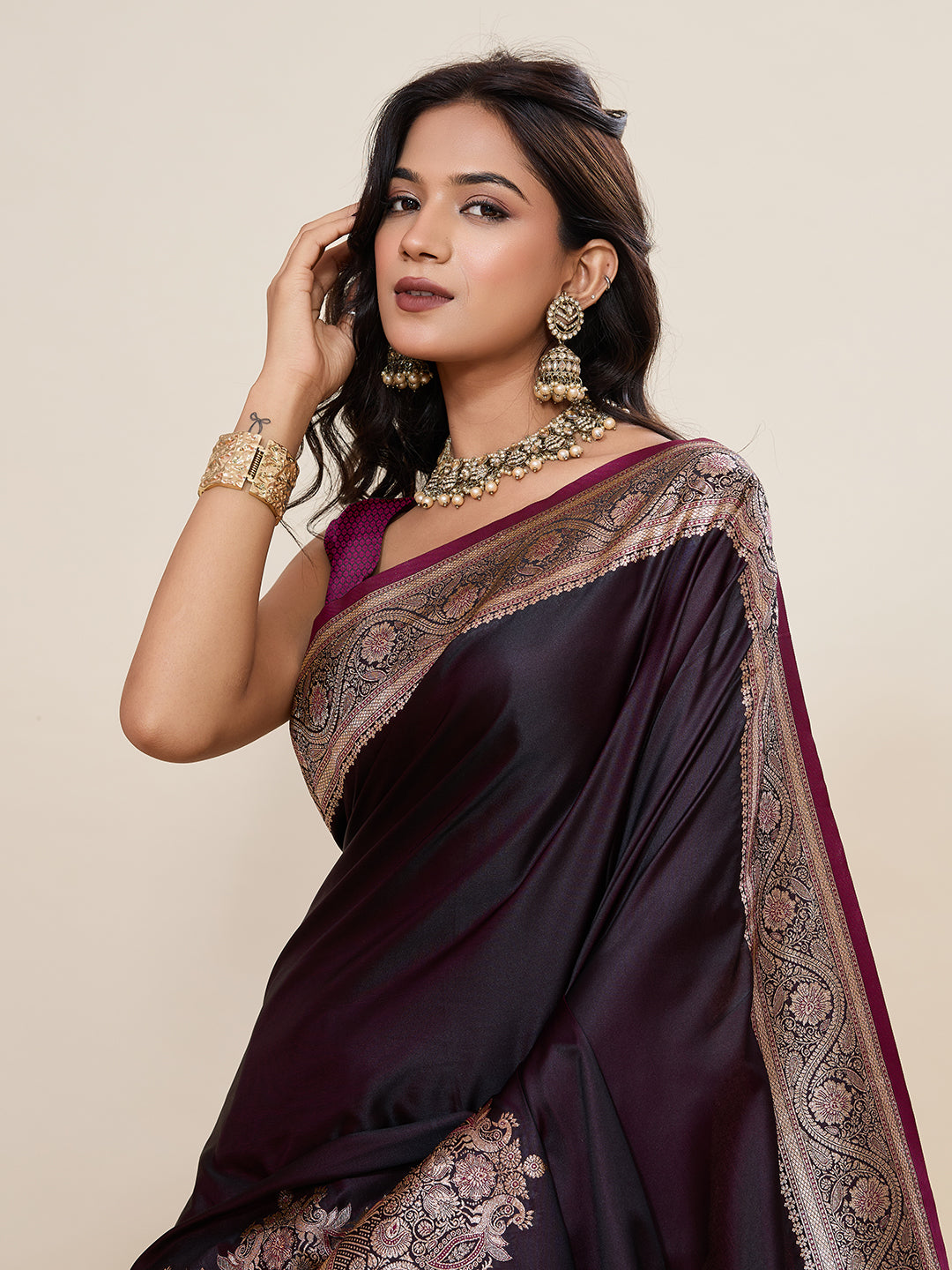 Maroon Soft Satin Silk Saree With Gala Border And Zari Weaving Work