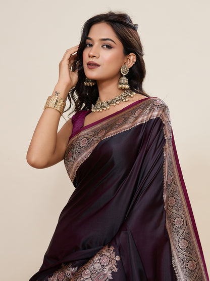 Maroon Soft Satin Silk Saree With Gala Border And Zari Weaving Work