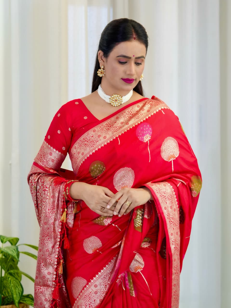 Red Khaddi Georgette Banarasi Saree With Meenakari Weaving Work