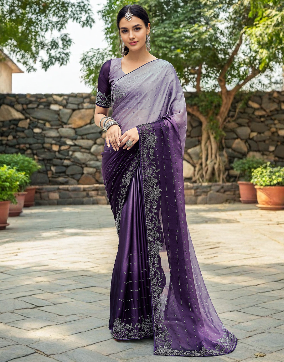 Wine Rangoli Silk Saree With Beautiful Siroski Work
