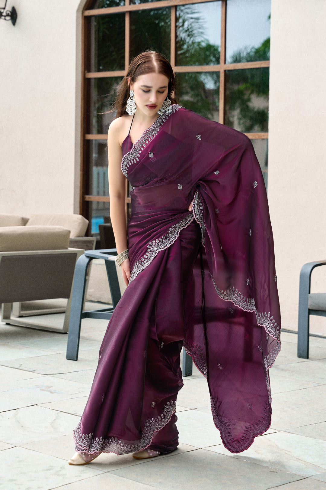 Wine Fancy Shimmer Chiffon Saree With Embroidery Work