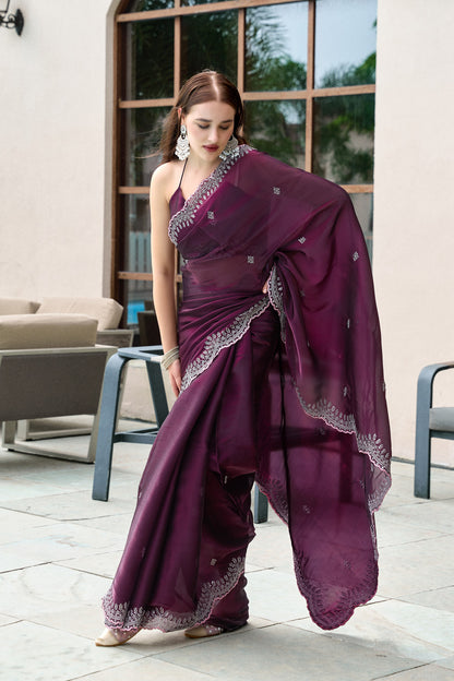 Wine Fancy Shimmer Chiffon Saree With Embroidery Work