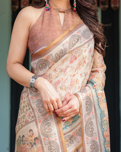 Soft Linen Cotton Saree With Kalamkari Printed Work
