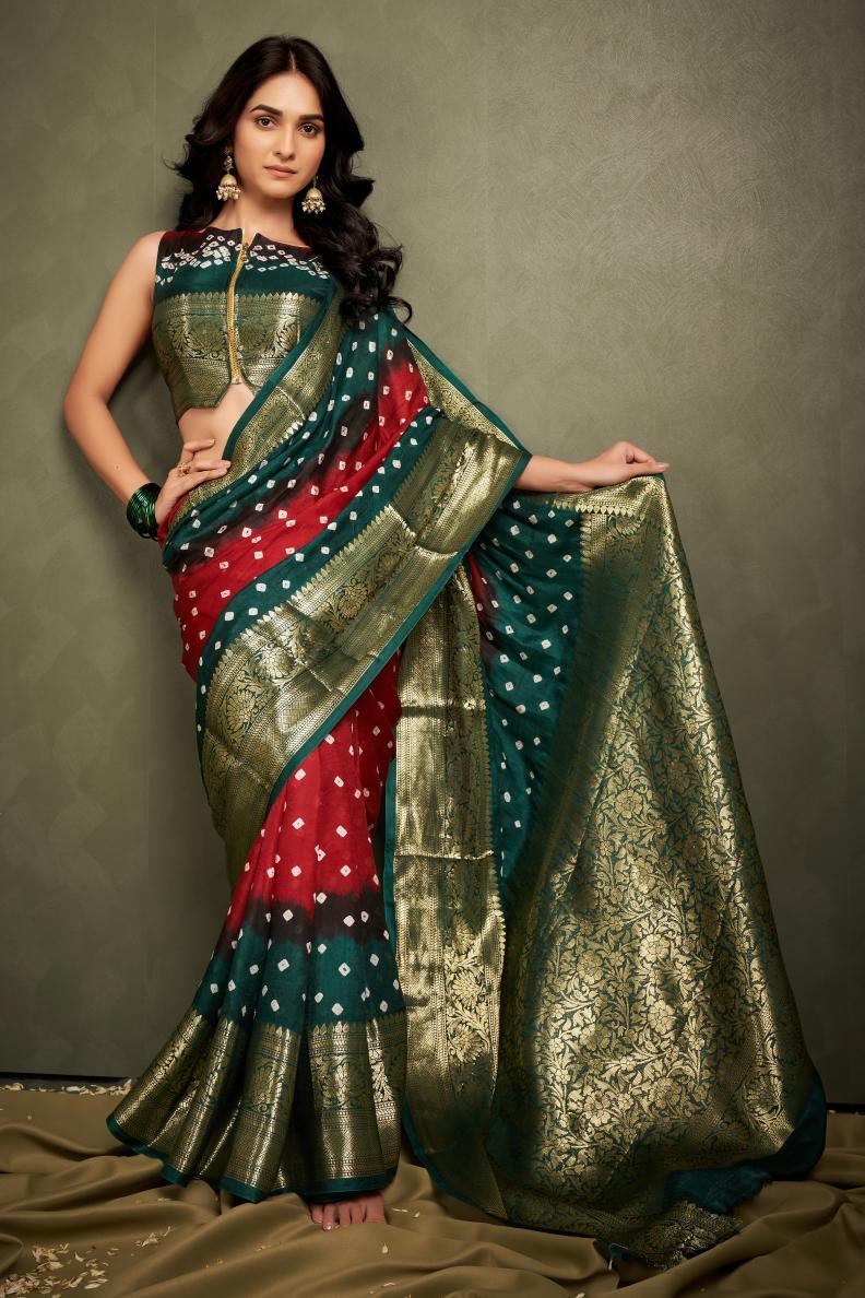 Hand Bandhej Bandhani Saree With Zari Border
