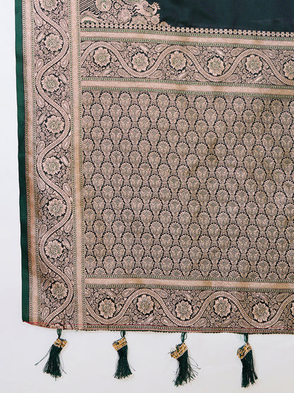 Green Soft Satin Silk Saree With Gala Border And Zari Weaving Work