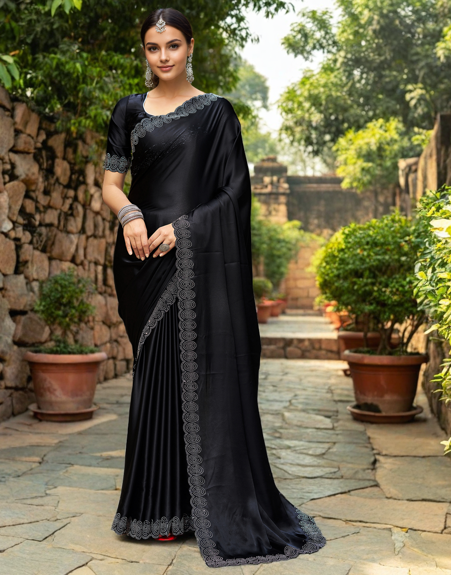 Party Wear Black Satin Silk Fancy Saree With Siroski Work