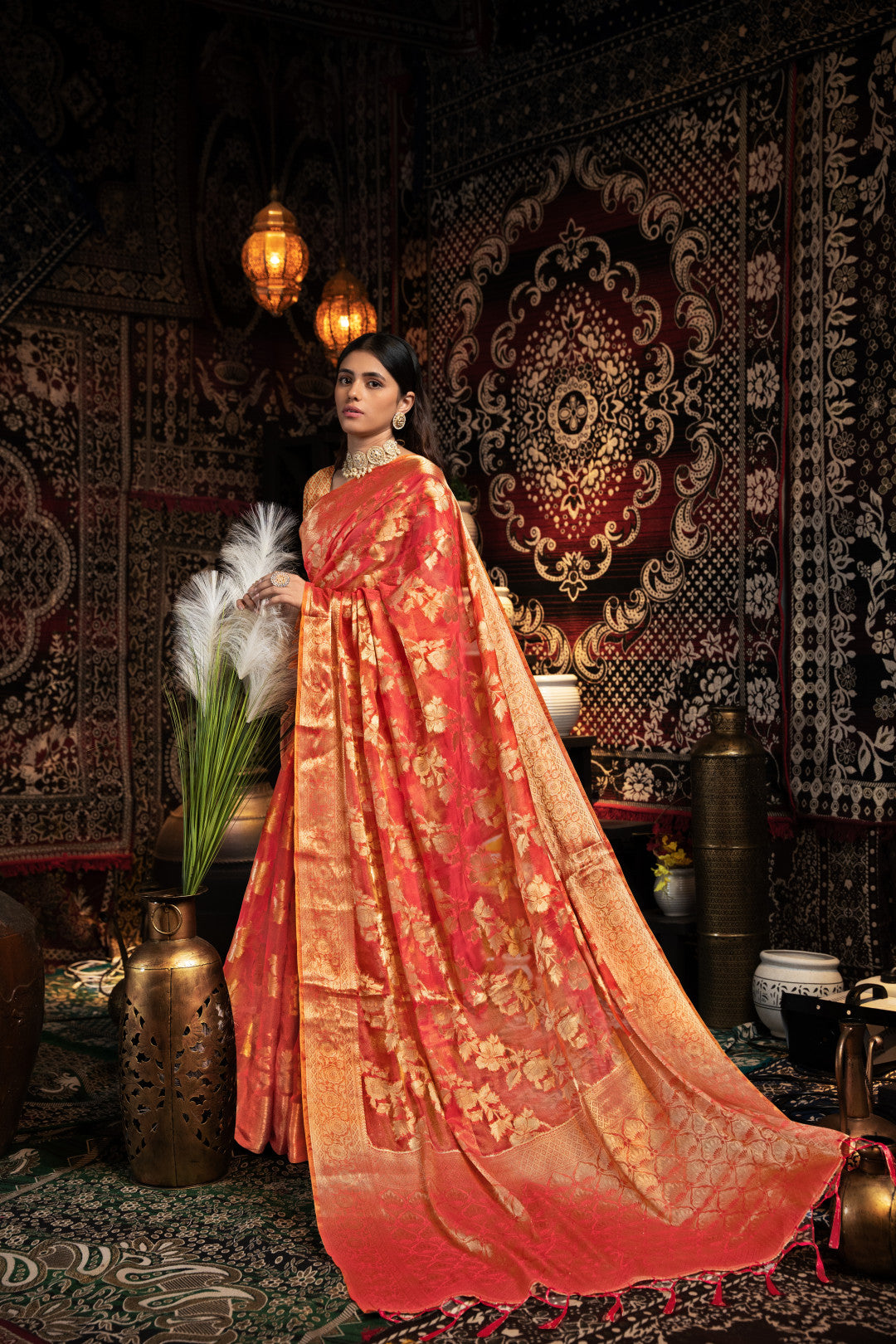 Red Jimmy Choo Saree With Weaving Work
