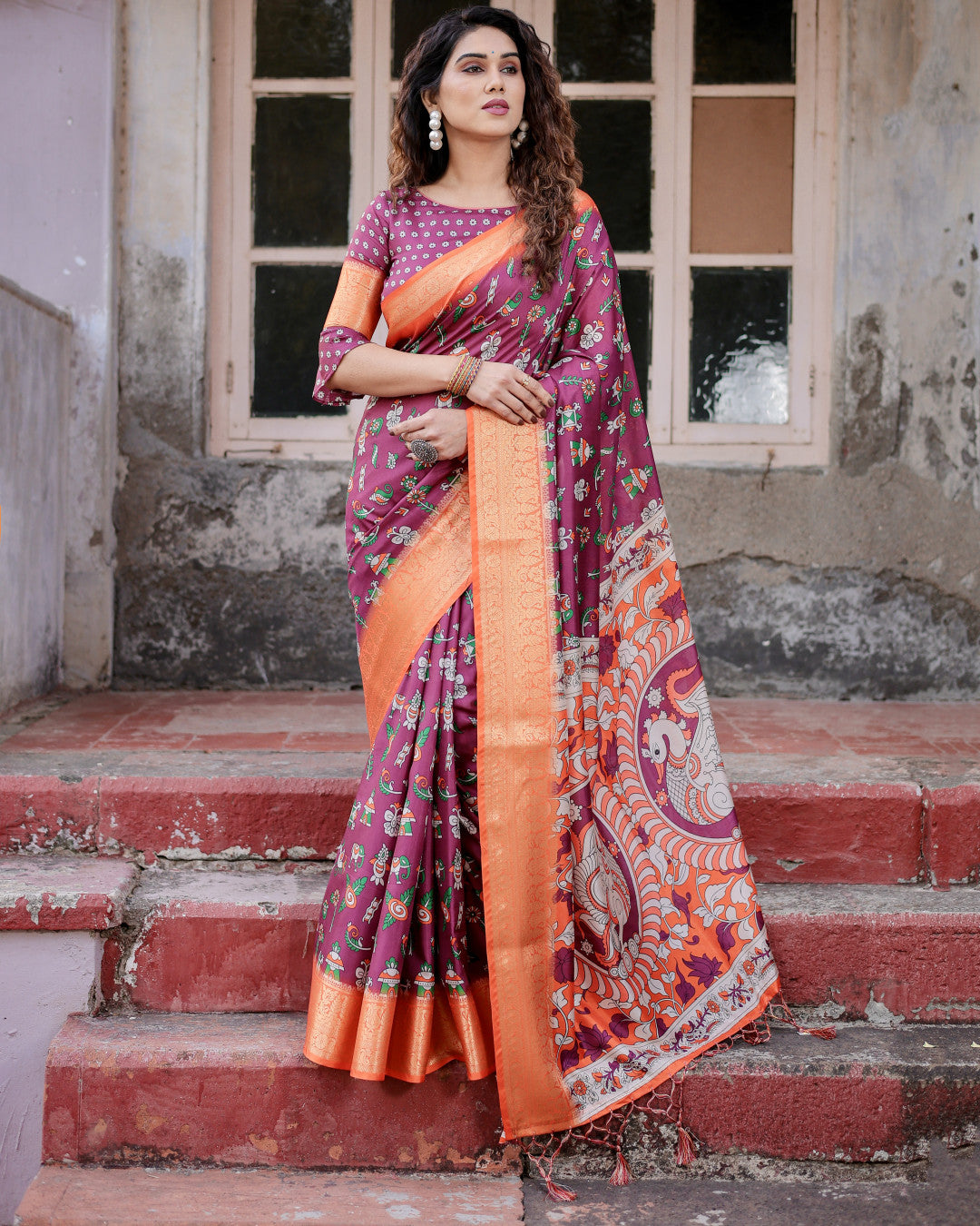 Magenta Kalamakari Digital Printed Tussar Silk Saree With Zari Motif Border