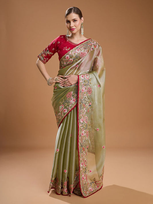 Pista Green Jimmy Choo Saree With Embroidery And Sequence Work With Piping Border