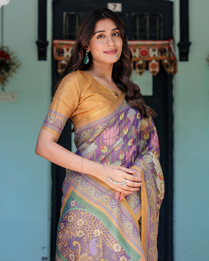 Kalamkari Digital Printed Linen Cotton Saree