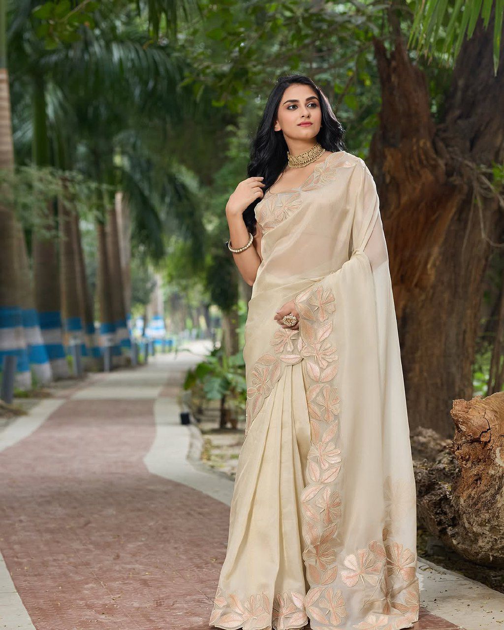 Beige Organza Silk Saree With Sequence Embroidery With Beautiful Cutting Border