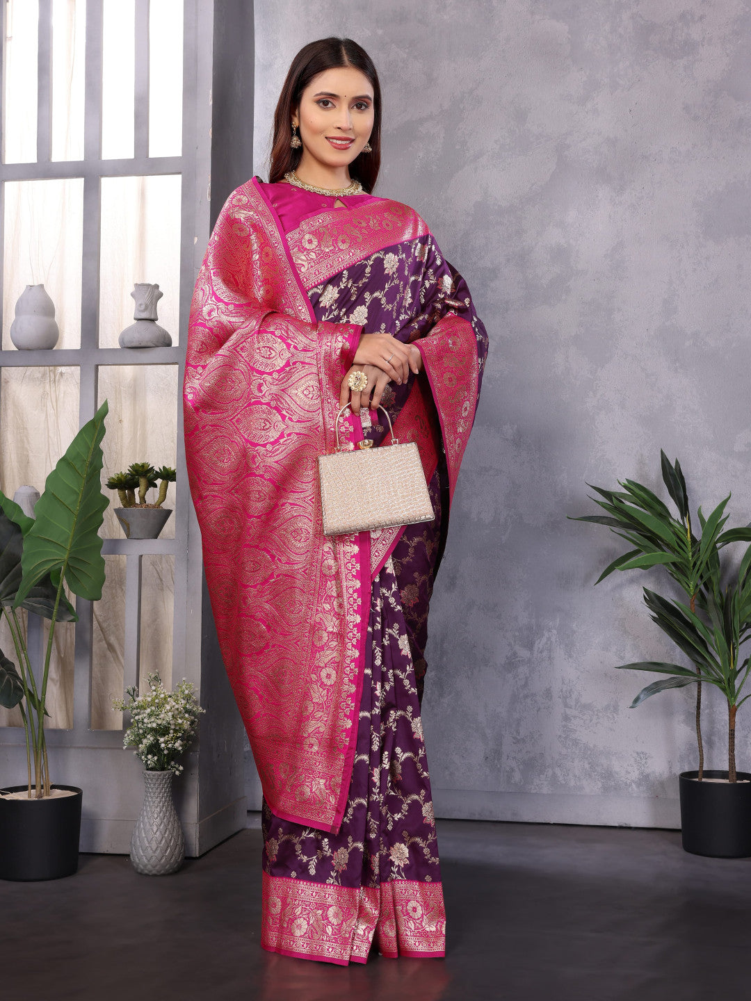 Purple Premium Banarasi Silk Saree With Zari Weaving Work