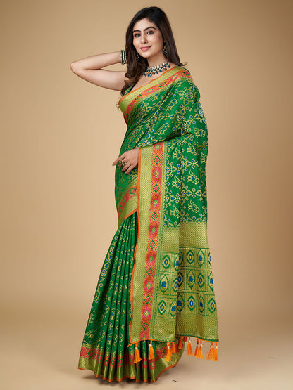 Green Color Patola Silk Saree With Zari Weaving Work