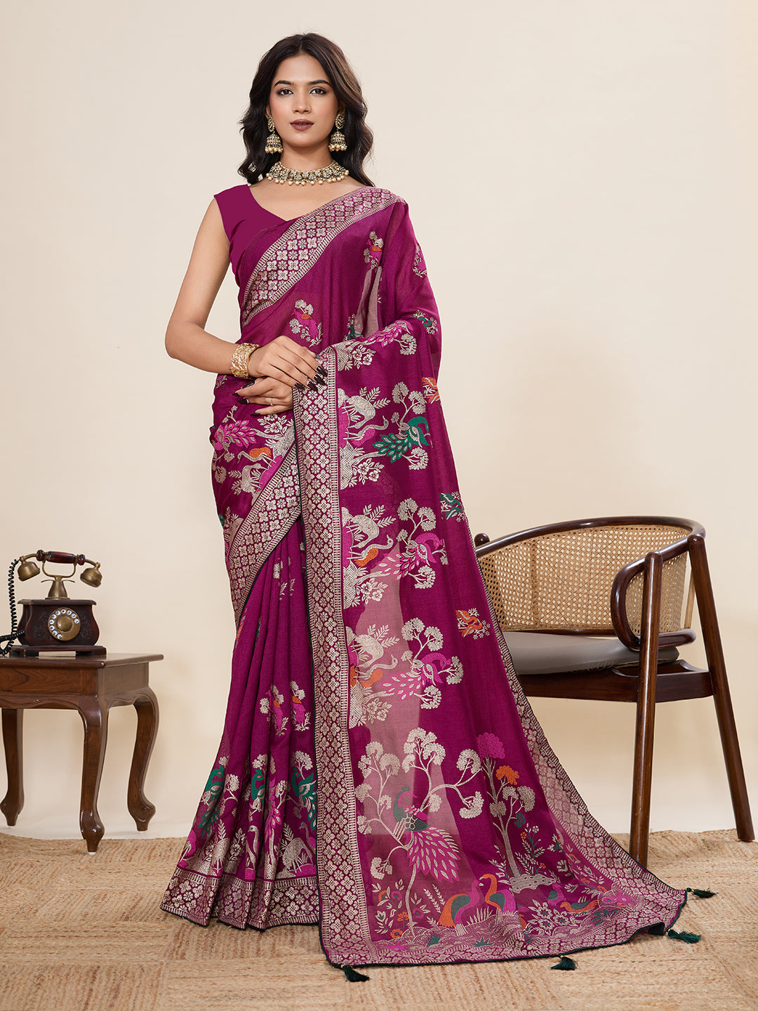 Wine Cotton Saree With Table Printed And Foil Work With Pipeing Border