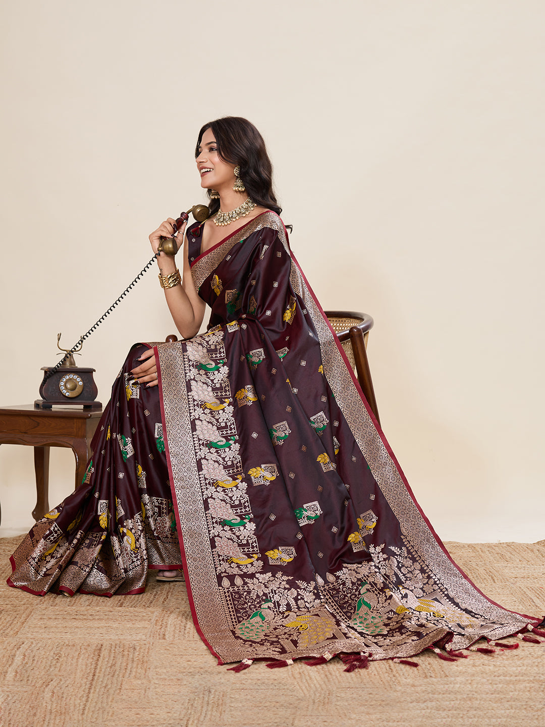 Maroon Soft Satin Silk Saree With Zari Weaving Work And Paithani Pallu