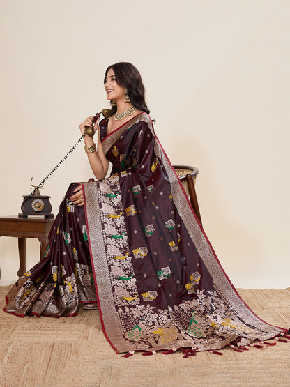 Maroon Soft Satin Silk Saree With Zari Weaving Work And Paithani Pallu