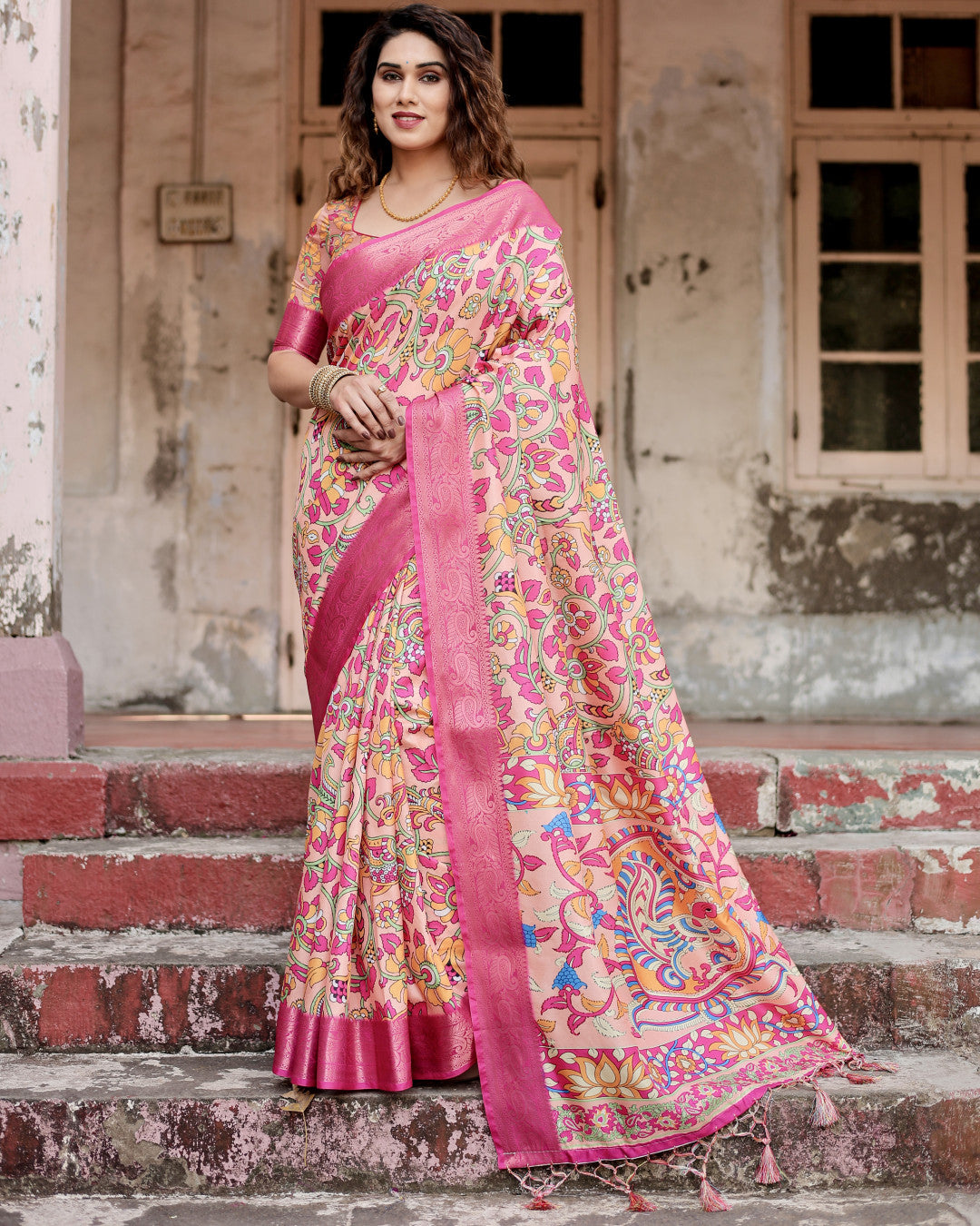 Multi Kalamkari Digital Printed Dola Silk Saree With Gold Zari Border