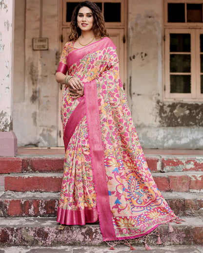 Multi Kalamkari Digital Printed Dola Silk Saree With Gold Zari Border