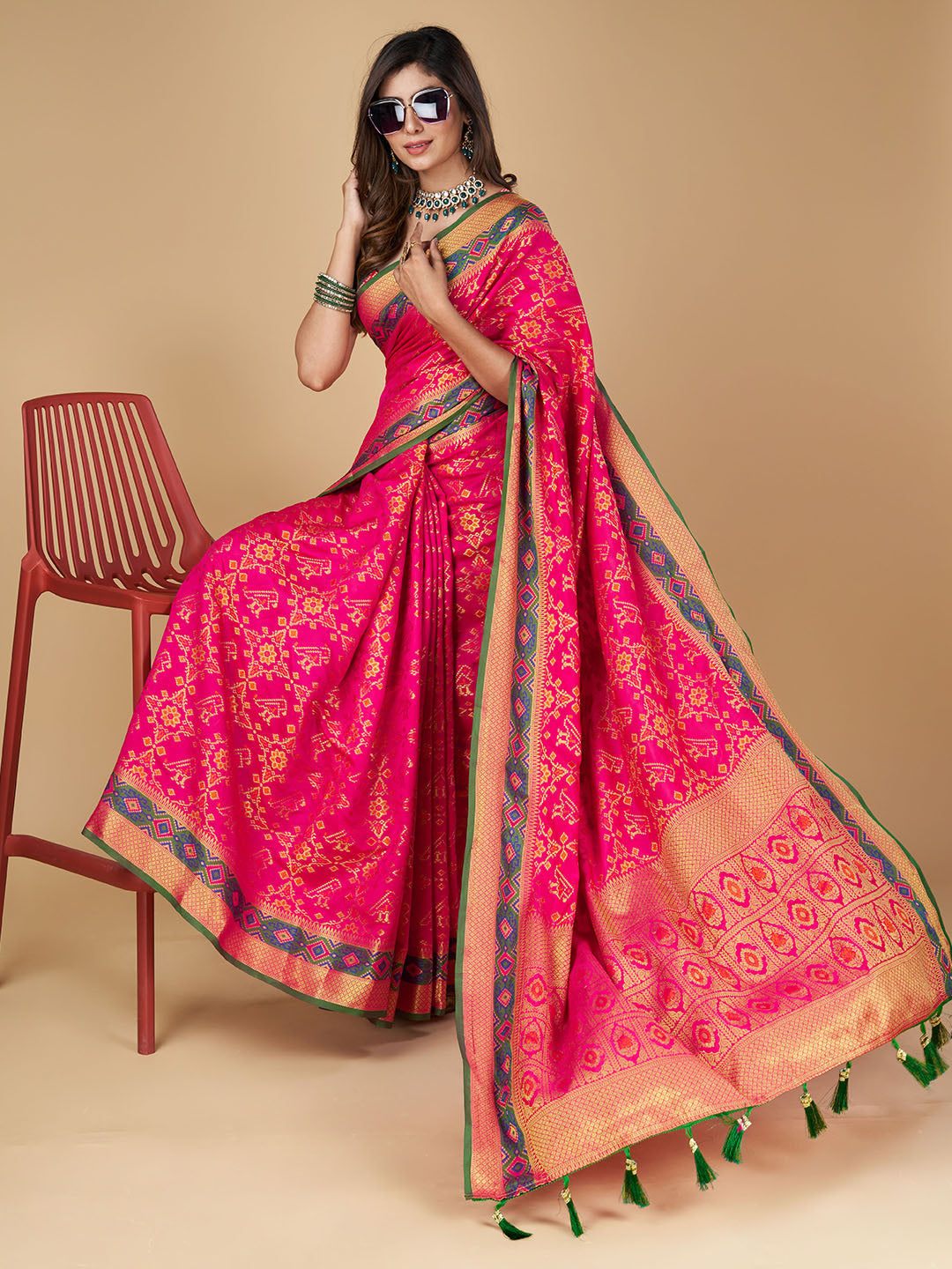 Pink Color Patola Silk Saree With Zari Weaving Work