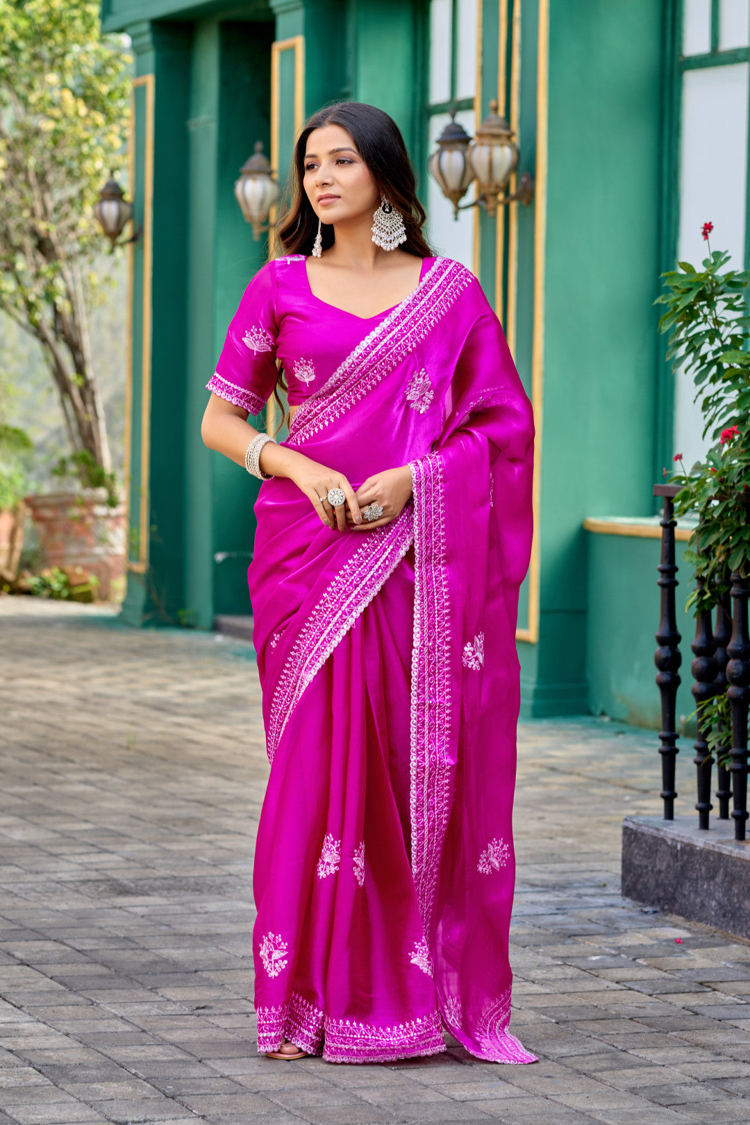 Rani Pink Fancy Shimmer Chiffon Saree With Embroidery Work