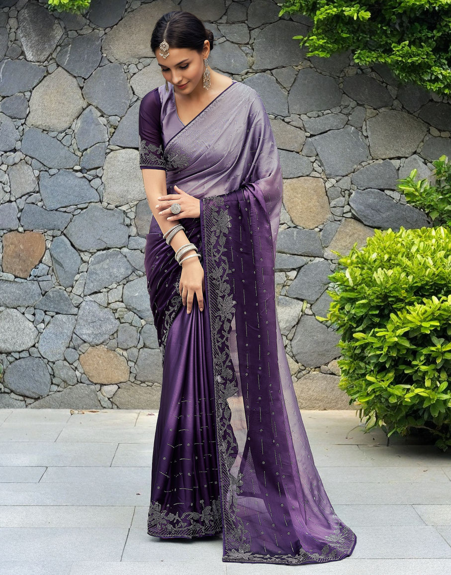 Wine Rangoli Silk Saree With Beautiful Siroski Work
