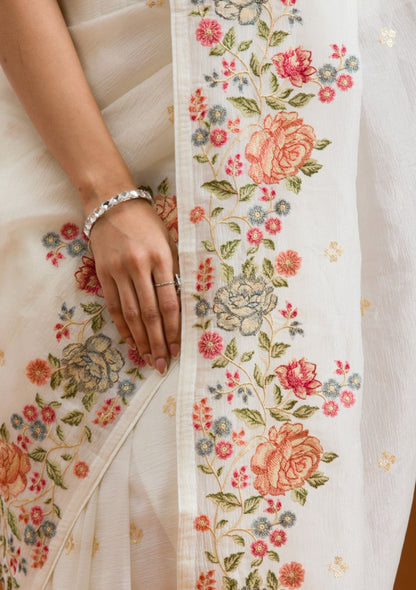 White Fancy Crunchy Silk Saree With Multi Thread Work And Piping Lace Border