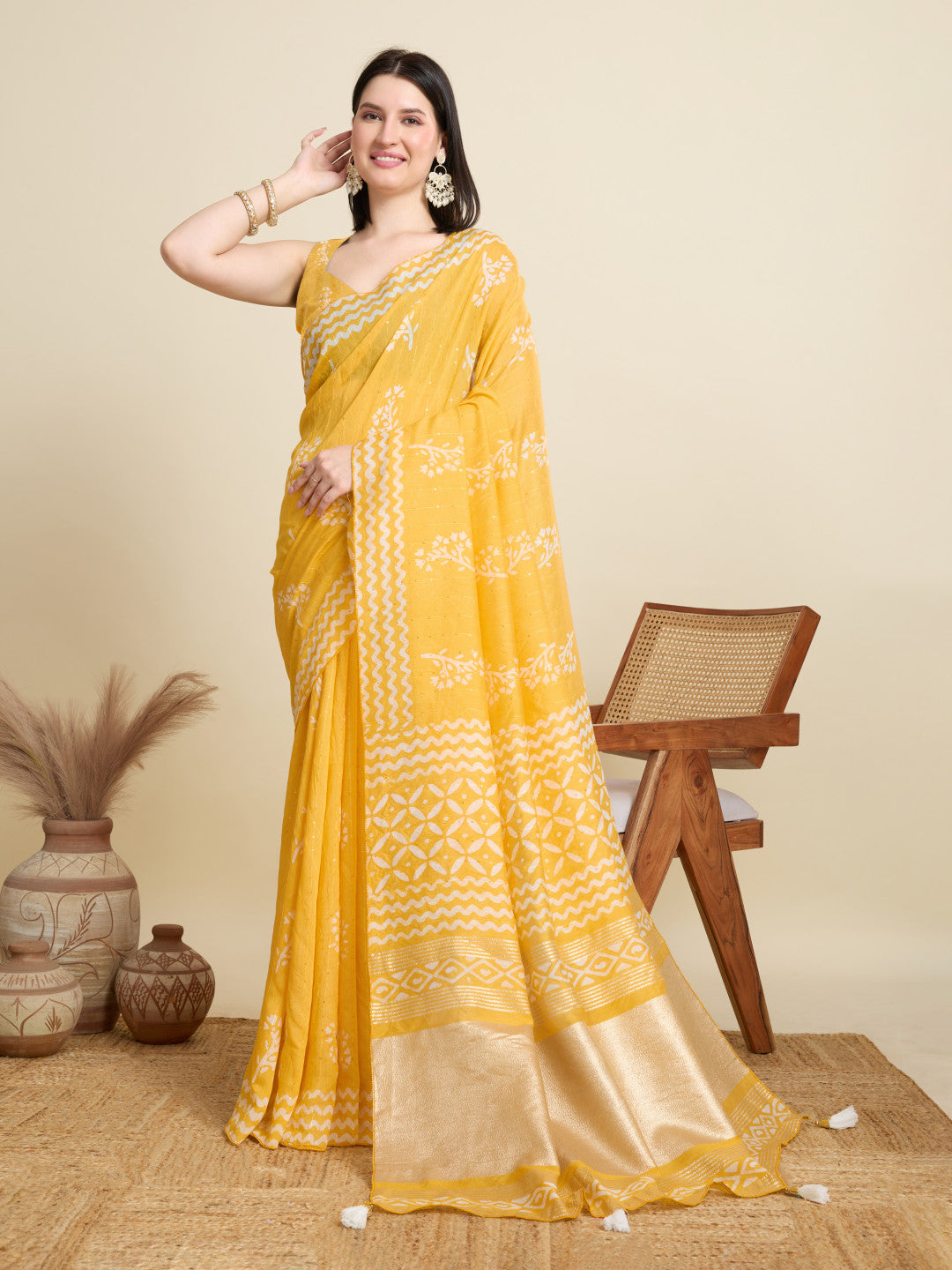Yellow Batik Printed Soft Cotton Saree With Sequence Work