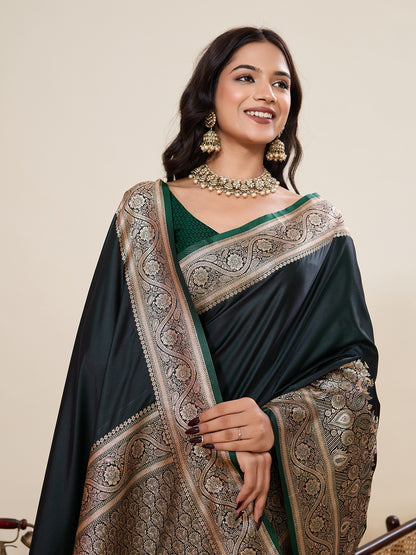 Green Soft Satin Silk Saree With Gala Border And Zari Weaving Work