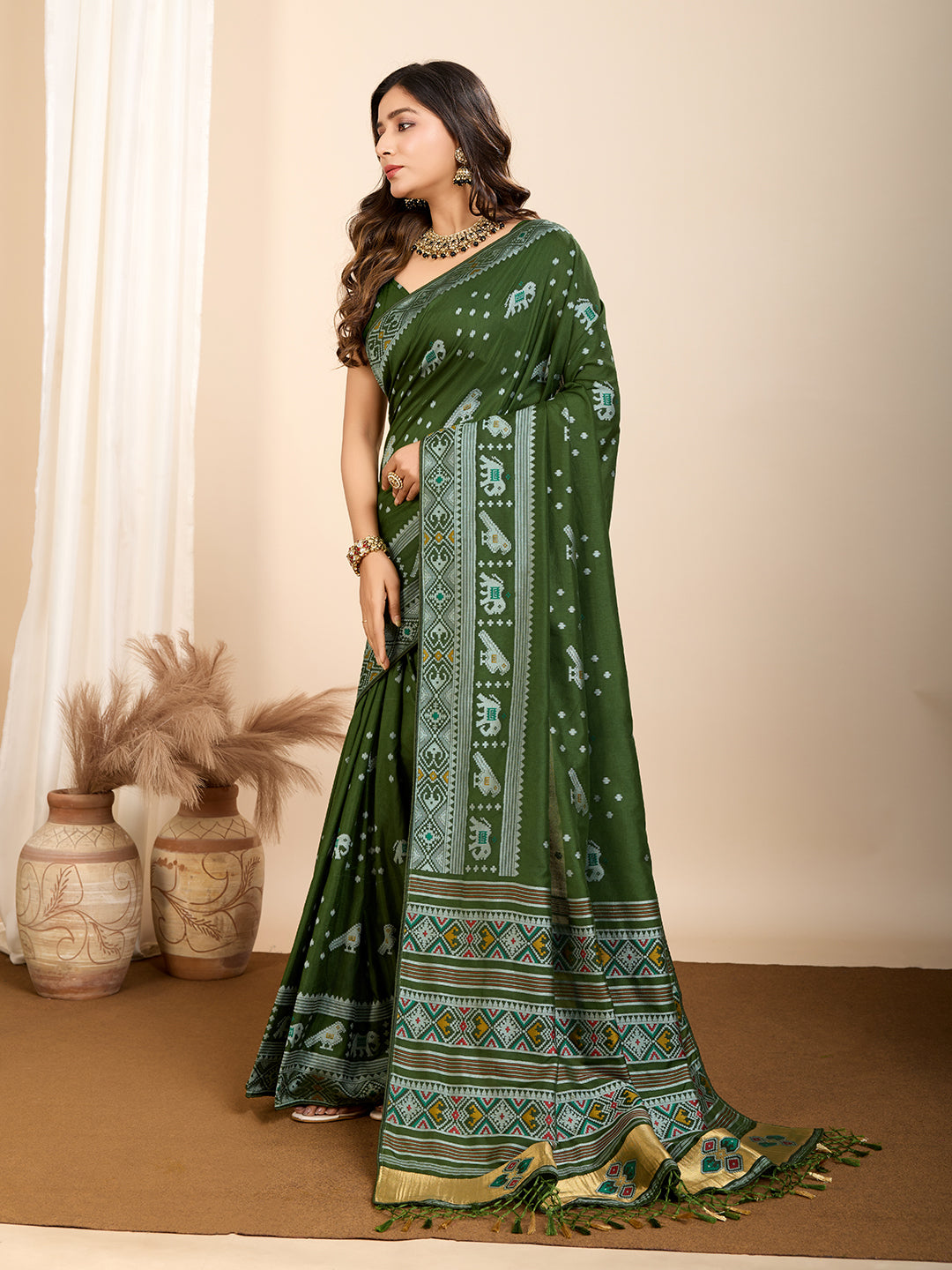 Traditional Muslin Dola Silk Saree With Meenakari Zari Weaving Work