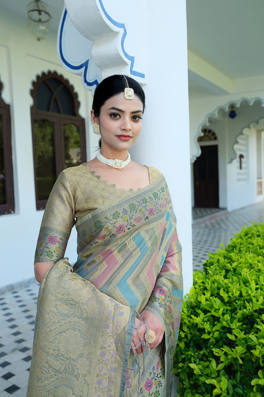 Gray Color Soft Organza Silk Saree With Zari Weaving Work