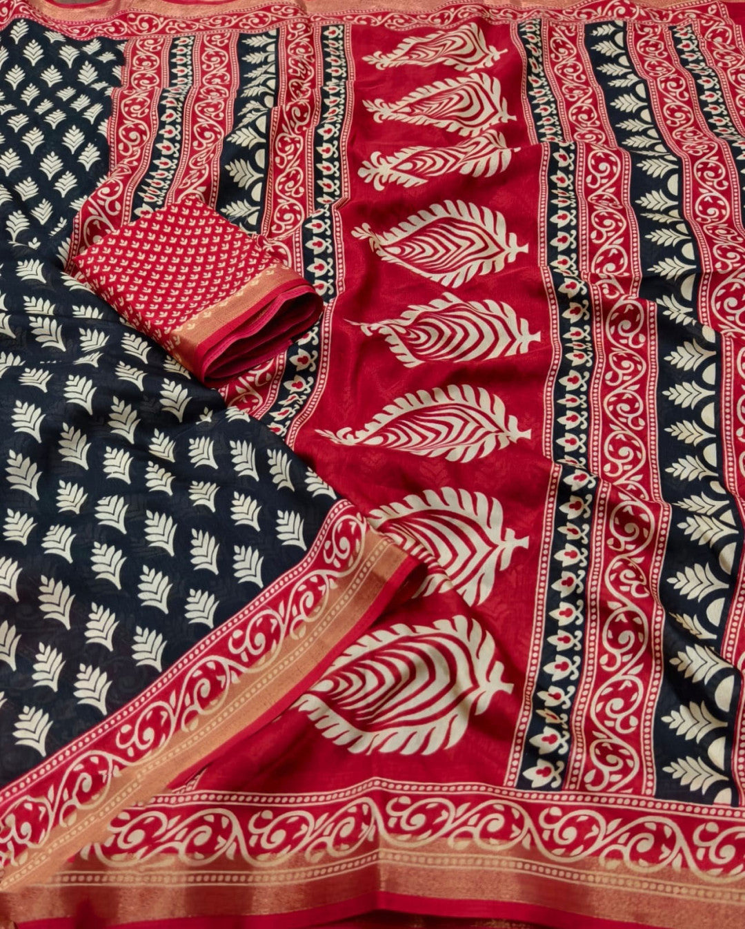 Black Ajrakh Printed Soft Cotton Crepe Saree