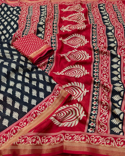 Black Ajrakh Printed Soft Cotton Crepe Saree
