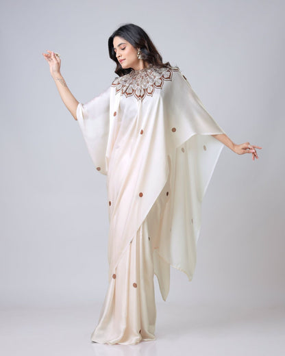 Cream Fancy Satin Georgette Ready To Wear Saree With Freehand Printed Work