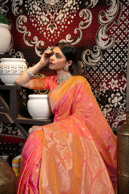 Peach Banarasi Silk Saree With Zari Woven Work