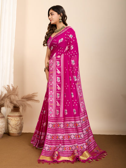 Traditional Muslin Dola Silk Saree With Meenakari Zari Weaving Work