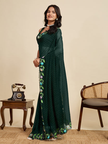 Green Color Georgette Saree With Brush Print And Siroski Work