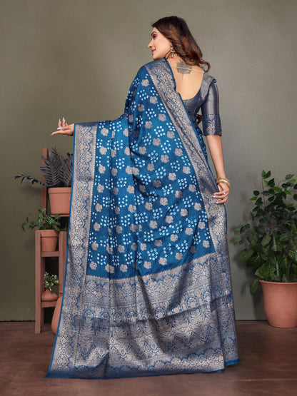 Firoji Premium Bandhej Silk Saree With Zari Weaving Work