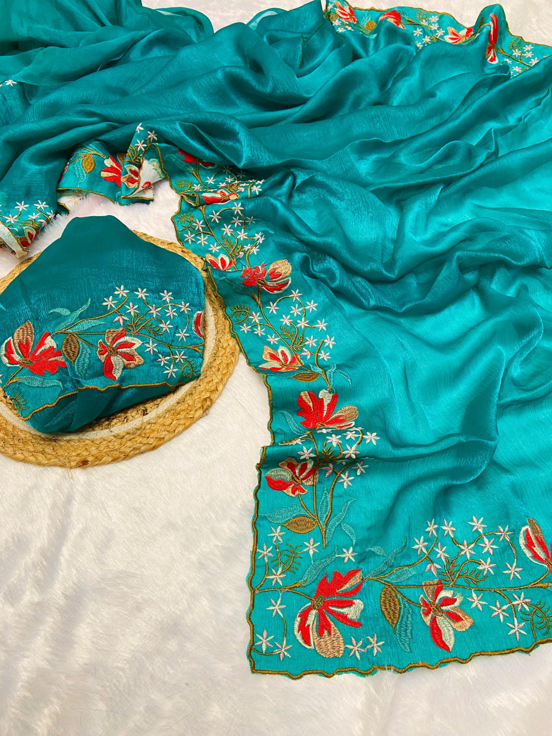 Firoji Fancy Fandy Silk Saree With Embroidery Work