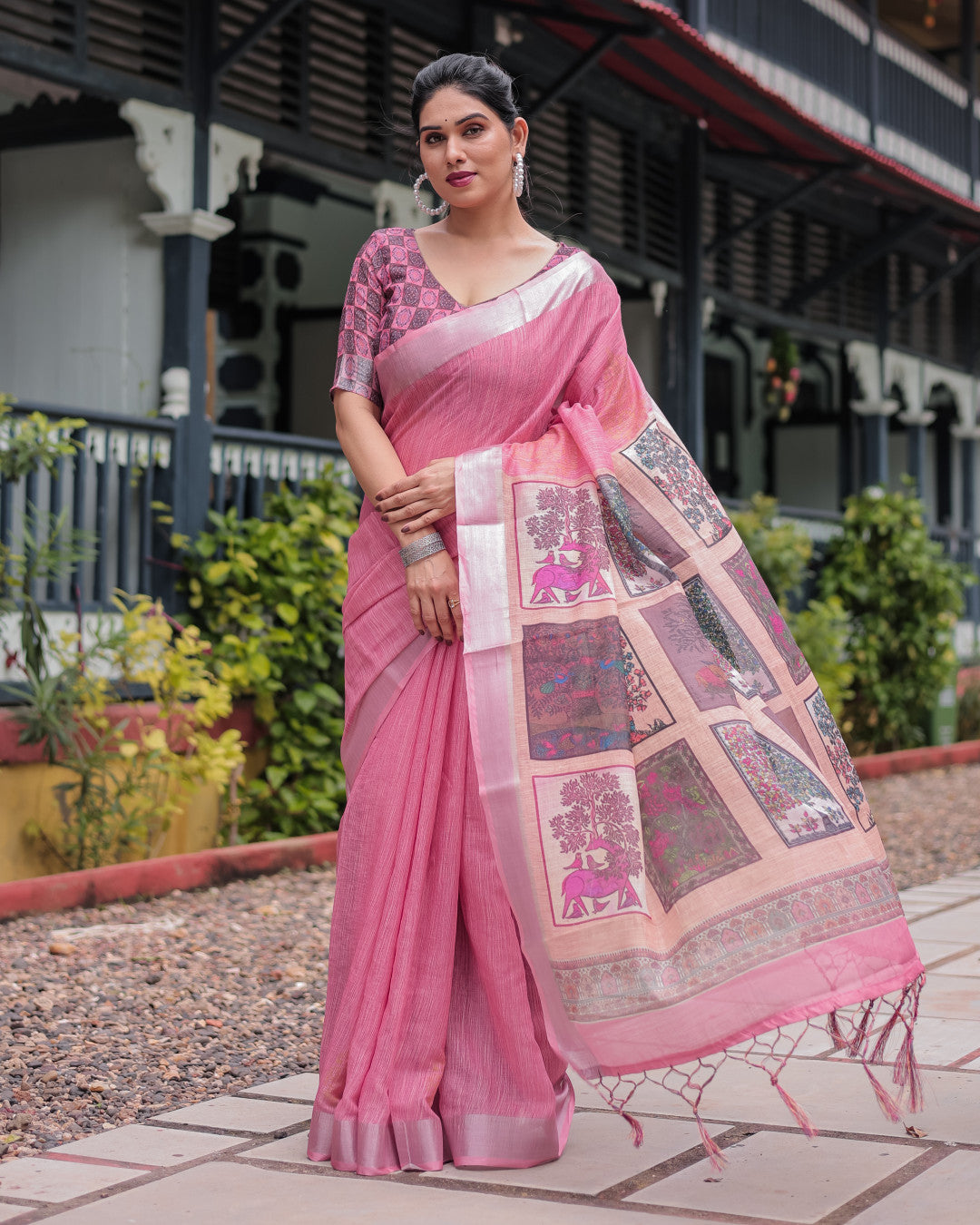 Baby Pink Soft Linen Cotton Saree With Digital Printed Work