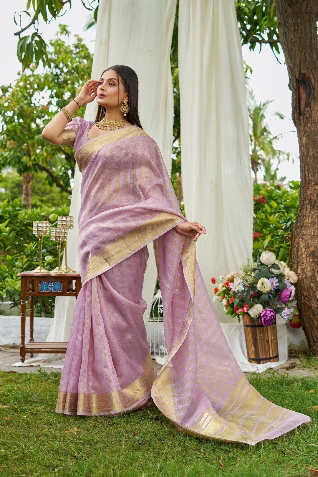 Lavender Colour Linen Cotton Saree With Zari Weaving Border