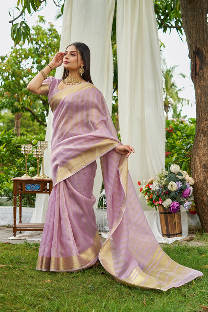 Lavender Colour Linen Cotton Saree With Zari Weaving Border